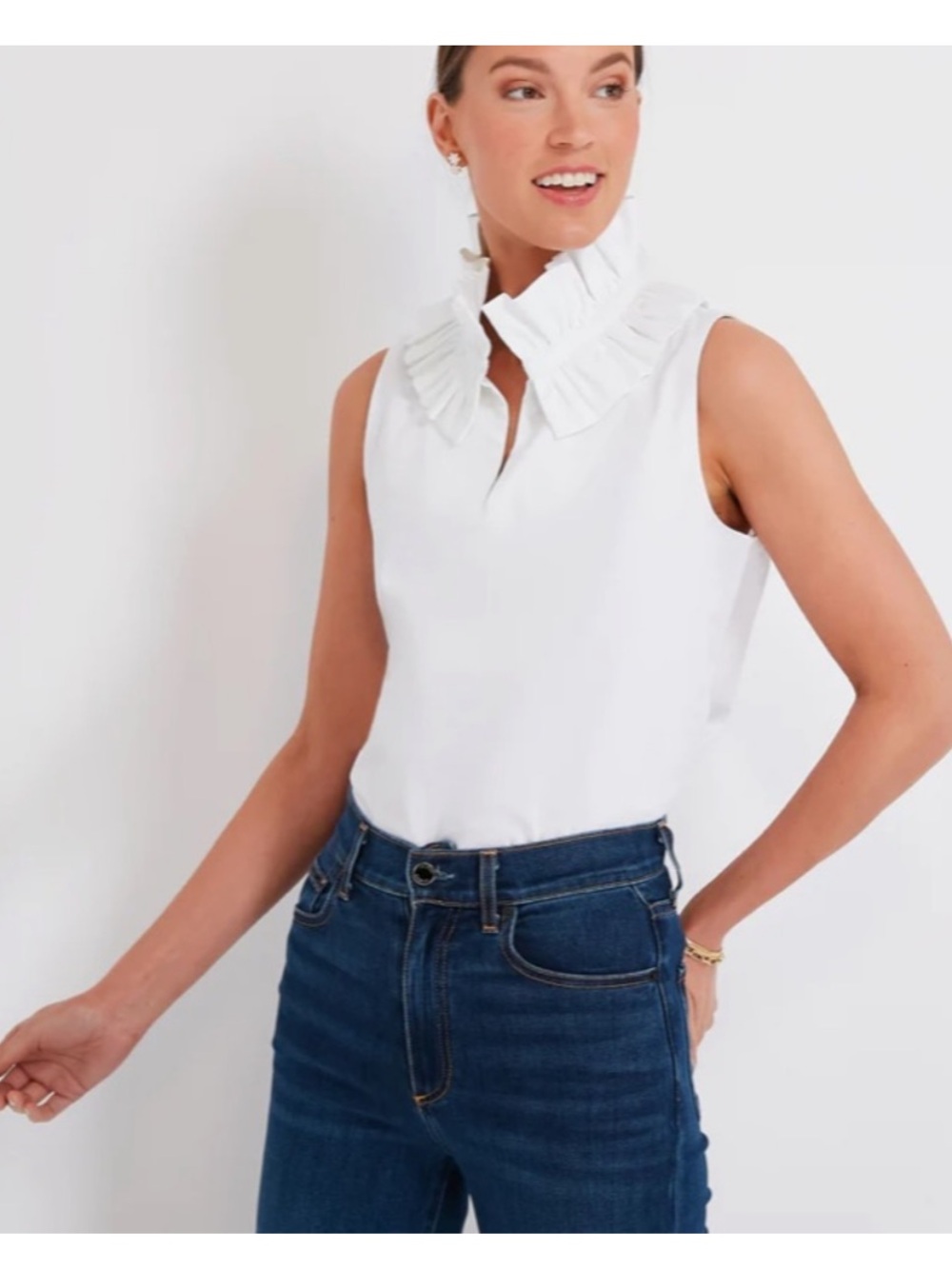 Tuckernuck White Sleeveless Bouvier Blouse Ruffle Neck Size S